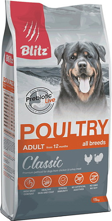 Сухой корм для собак Blitz Classic Adult All Breeds Poultry (с домашней птицей для всех взрослых пород) 15 кг