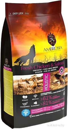 Сухой корм для собак Ambrosia Grain Free (для щенков крупных пород курица и лосось) 2 кг