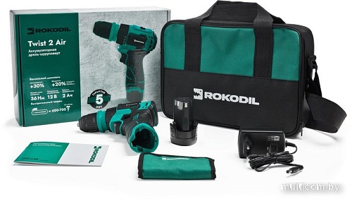 Дрель-шуруповерт Rokodil Twist 2 Air 1047196 (с 1-им АКБ, сумка, набор оснастки)