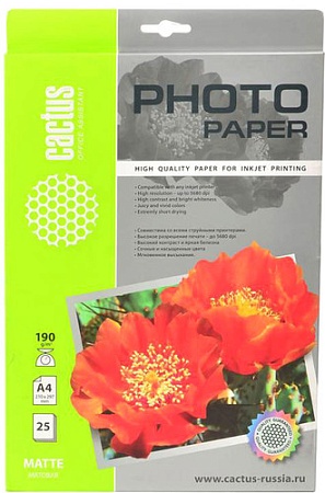 Фотобумага CACTUS Матовая A4 190 г/кв.м. 25 листов