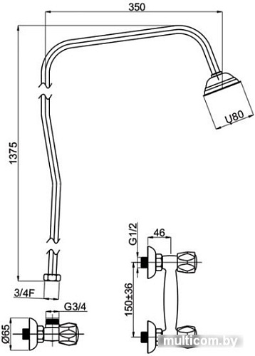Верхний душ Rubineta R-5 with shower tube (R50062)
