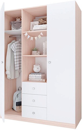 Шкаф распашной Polini Kids Simple трехсекционный 0001632.161 (дуб пастельный/белый)