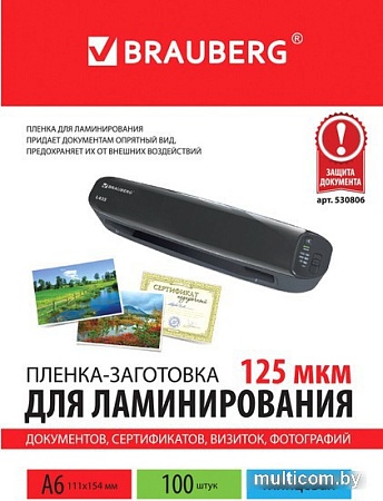 Пленка для ламинирования BRAUBERG Brauberg А6 125 мкм 100 шт 530806 (глянцевый, прозрачный)