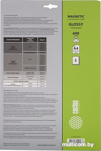 Фотобумага CACTUS Глянцевая магнитная A4 690 г/кв.м. 2 листа (CS-MGA46902)