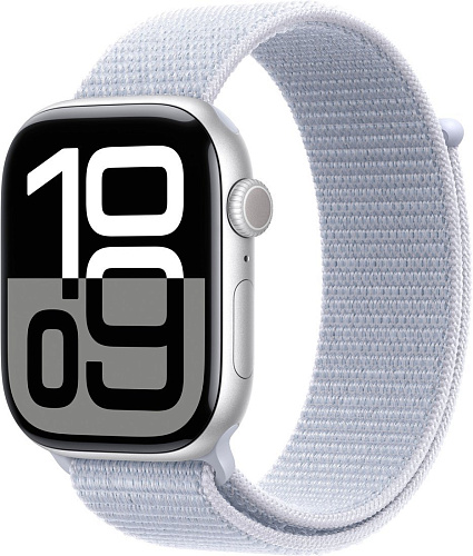 Умные часы Apple Watch Series 10 46 мм (алюминиевый корпус, серебристый/голубой, нейлоновый ремешок)