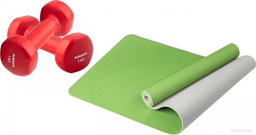 Набор для йоги Sundays Fitness Гантель IR92005 2x1кг + Коврик IR97503 (красный, зеленый/серый)