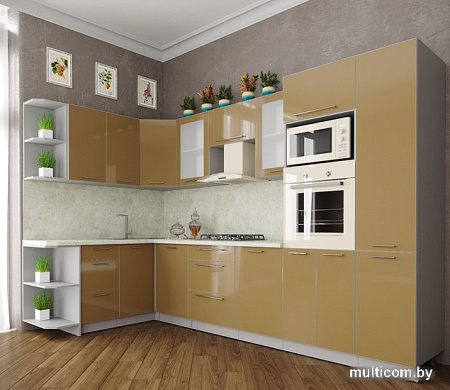Готовая кухня Интерлиния Мила Пластик 1.68x3.2 правая (капучино/капучино глянец/опал св.)
