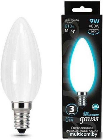 Светодиодная лампочка Gauss Filament Свеча 9W 610lm 4100К Е14 milky LED 103201209