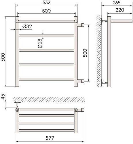 Полотенцесушитель Indigo Line 60x50 LLSHSW60-50R-б/п-50 (с боковым подключением)