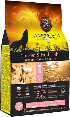 Сухой корм для собак Ambrosia Puppy & Growth All Breeds Chicken & Fresh Fish (для щенков всех пород с курицей и рыбой) 2 кг