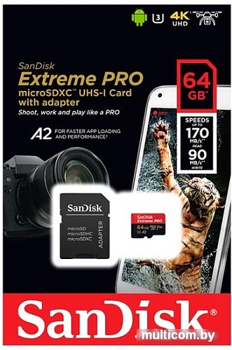 Карта памяти SanDisk Extreme PRO SDSQXCY-064G-GN6MA microSDXC 64GB (с адаптером)