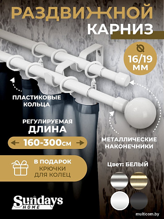 Карниз для штор Sundays Home Сфера Раздвижной 16/19мм 2-х рядный (белый глянец, 1.6-3м)