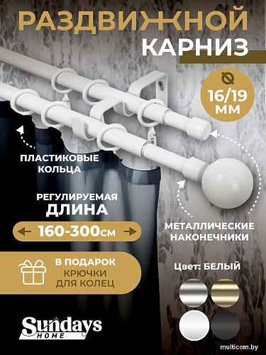Карниз для штор Sundays Home Сфера Раздвижной 16/19мм 2-х рядный (белый глянец, 1.6-3м)
