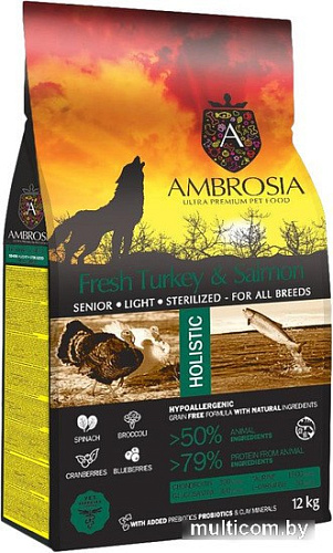 Сухой корм для собак Ambrosia Senior & Sterilized Fresh Turkey & Salmon (для всех пожилых пород, стерилизованных с индейкой и лососем) 12 кг