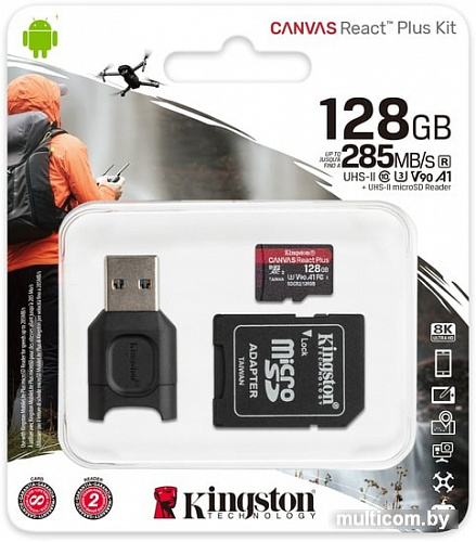 Карта памяти Kingston Canvas React Plus microSDXC 128GB (с адаптером и кардридером)