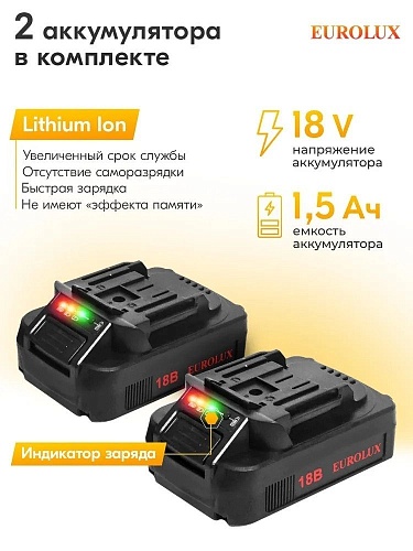 Дрель-шуруповерт Eurolux ДА-18DU-2 900/72/14/65 (с 2-мя АКБ, кейс)