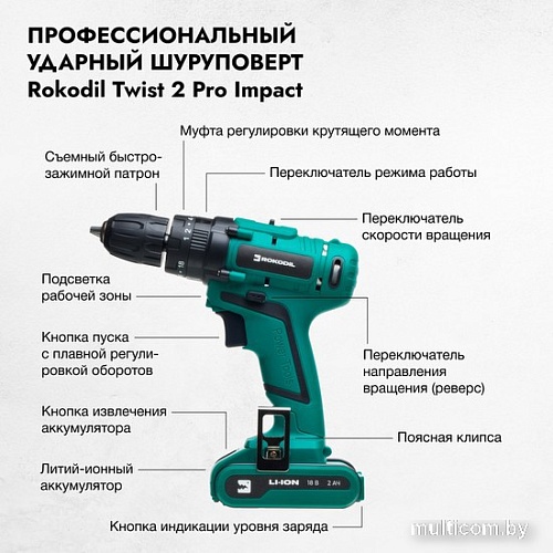 Ударная дрель-шуруповерт Rokodil Twist 2 Pro Impact 1045942 (с 1-им АКБ, кейс)