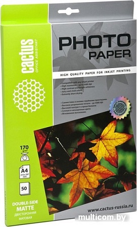 Фотобумага CACTUS Двусторонняя матовая A4 170 к/кв.м. 50 листов (CS-MA417050DS)