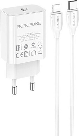 Сетевое зарядное Borofone BA65A Lightning (белый)