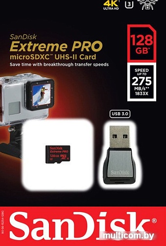 Карта памяти SanDisk Extreme Pro microSDXC 128GB + кардридер [SDSQXPJ-128G-GN6M3]