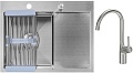 Кухонная мойка Saniteco 6550-L + Spike F9S07011 (сатин, с сифоном, дозатором и коландером)