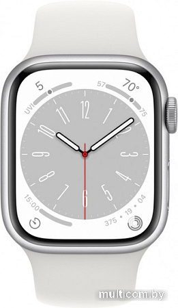 Умные часы Apple Watch Series 8 45 мм (алюминиевый корпус, серебристый/белый, спортивный силиконовый ремешок S/M)