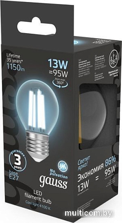 Светодиодная лампочка Gauss Filament Шар 13W 1150lm 4100К Е27 LED 1/10/50 105802213