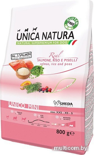 Сухой корм для собак Unica Natura Unico Mini с лососем, рисом и горохом 800 г
