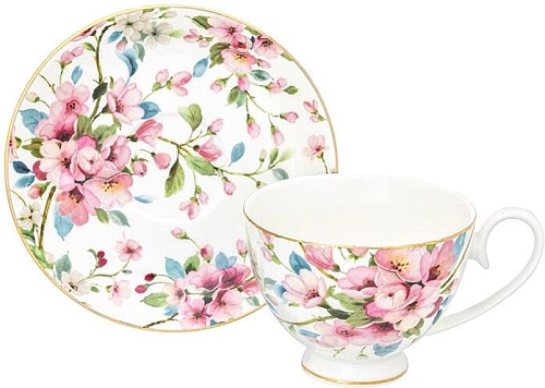 Чашка с блюдцем Elan Gallery Яблоневый цвет на белом 420418