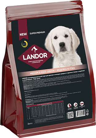 Сухой корм для собак Landor Medium & Maxi Junior для щенков и юниоров средних и крупных пород с индейкой и уткой 3 кг