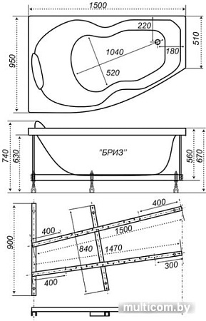 Ванна Triton Бриз 150x95 L (с каркасом)