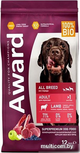 Сухой корм для собак Award Adult All Breed для всех пород с ягненком, индейкой с добавлением яблока и черники 12 кг