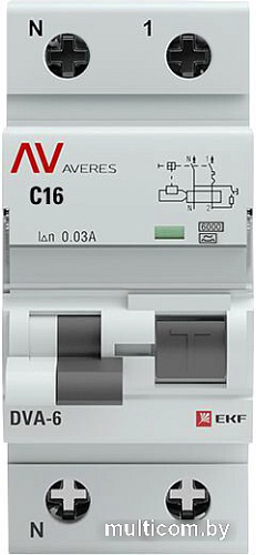 Дифференциальный автомат EKF Averes DVA-6 2P 16А 30мА (C) 6кА тип A rcbo6-1pn-16C-30-a-av