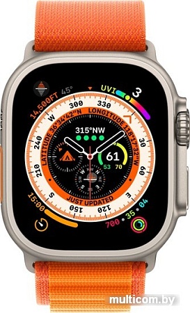 Профессиональные умные часы Apple Watch Ultra LTE 49 мм (титановый корпус, титановый/оранжевый, текстильный ремешок размера M)