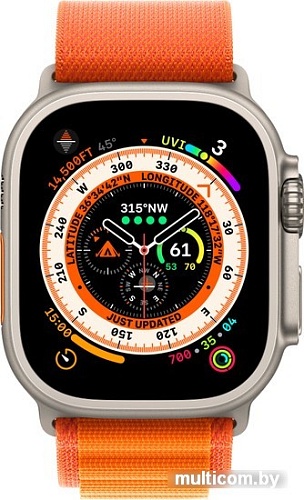 Профессиональные умные часы Apple Watch Ultra LTE 49 мм (титановый корпус, титановый/оранжевый, текстильный ремешок размера M)