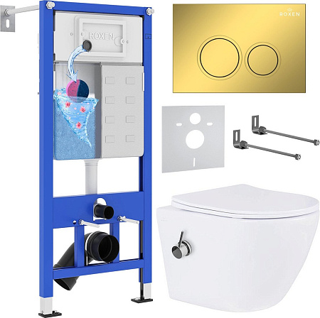 Унитаз подвесной Roxen Antares bidet в комплекте с инсталляцией StounFix Dual Fresh 6 в 1 968097 (кнопка: золото глянцевое )