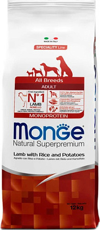 Сухой корм для собак Monge All Breeds Adult Monoprotein Lamb with Rice and Potatoes (для взрослых с ягненком, рисом и картофелем) 12 кг