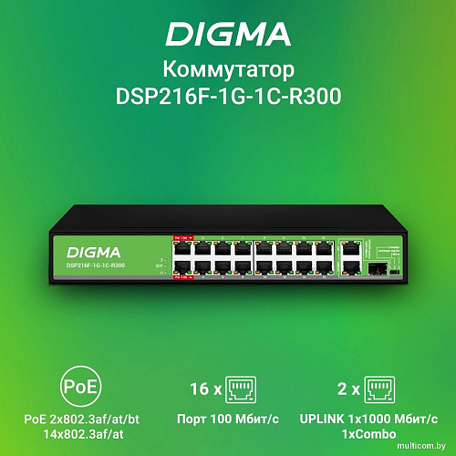 Неуправляемый коммутатор Digma DSP216F-1G-1C-R300