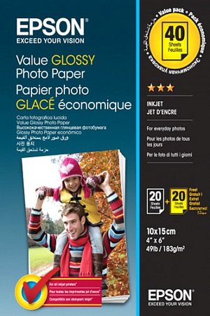 Фотобумага Epson Value Glossy Photo Paper 10х15 183 г/м2 2x20 листов C13S400044