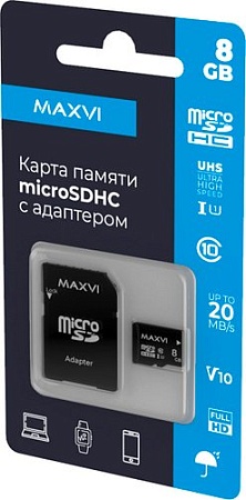 Карта памяти Maxvi microSDHC 8GB MSD8GBC10V10 (с адаптером)