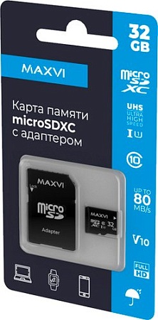 Карта памяти Maxvi microSDHC 32GB MSD32GBC10V10 (с адаптером)
