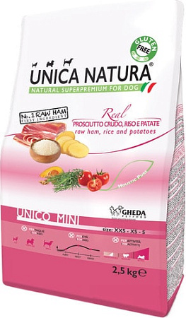 Сухой корм для собак Unica Natura Unico Mini с сыровяленой ветчиной, рисом и картофелем 2.5 кг