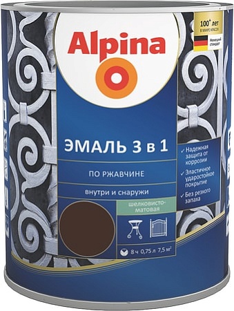 Эмаль Alpina Эмаль 3 в 1 по ржавчине (шоколадный, шелковисто-матовая, 0.75 л)