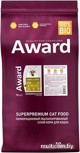 Сухой корм для кошек Award Adult Hairball & Indoor (для выведения шерсти с уткой и индейкой с добавлением зеленой чечевицы и Юкки Шидигера) 10 кг