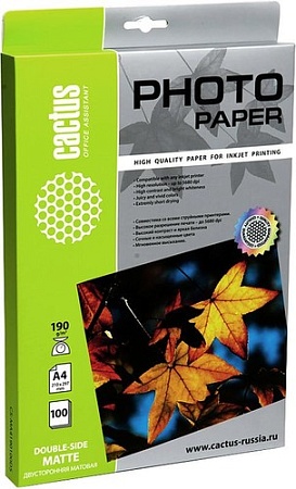 Фотобумага CACTUS Двусторонняя матовая A4 190 г/кв.м. 100 листов (CS-MA4190100DS)