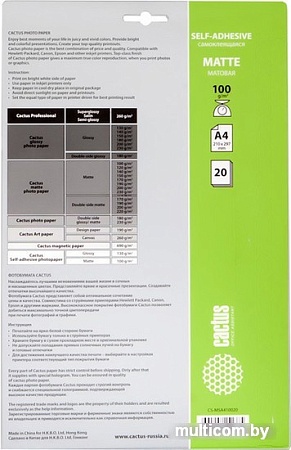 Самоклеящаяся бумага CACTUS Самоклеящаяся матовая A4 100 г/кв.м. 20 листов (CS-MSA410020)