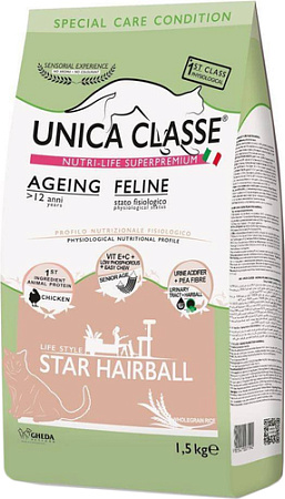 Сухой корм для кошек Unica Classe Special Care Condition Ageing Feline Star Hairball Chicken 1.5 кг