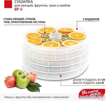 Сушилка для овощей и фруктов Великие Реки ВР-5 (прозрачный/белый)