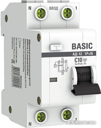Дифференциальный автомат EKF Basic АД-12 1P+N 10А 30мА АС C DA12-10-30-bas