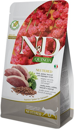 Сухой корм для кошек Farmina N&D Quinoa Duck, Broccoli, Asparagus Neutered Adult (с уткой, киноа, брокколи и спаржей для стерилизованных) 1.5 кг
